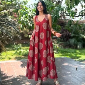 Home Maroon Motif Cotton Maxi Dress